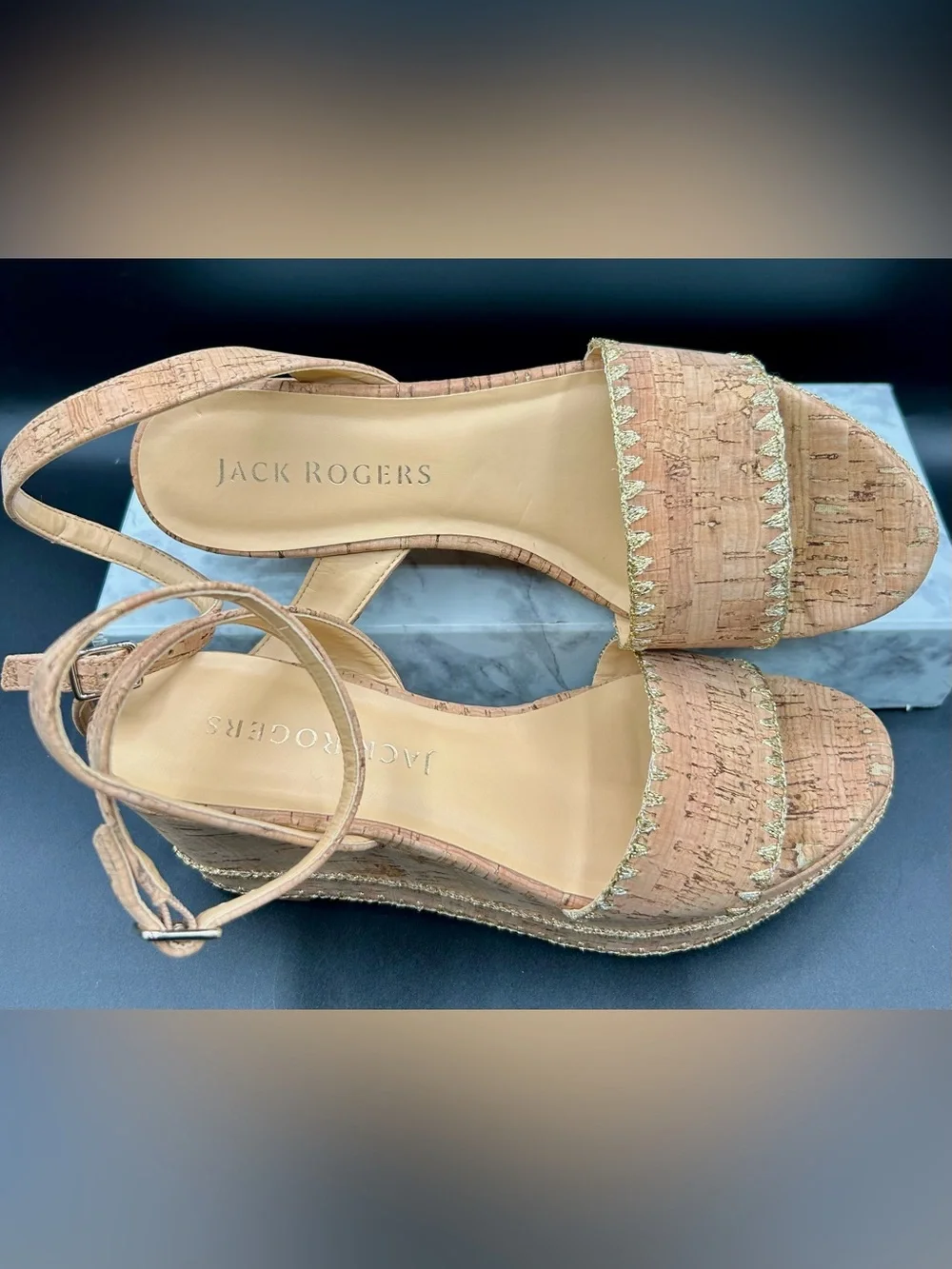 JACK ROGERS Flagler Stitch Platform-Wedge-Sandals in Cork-Gold. Size 9